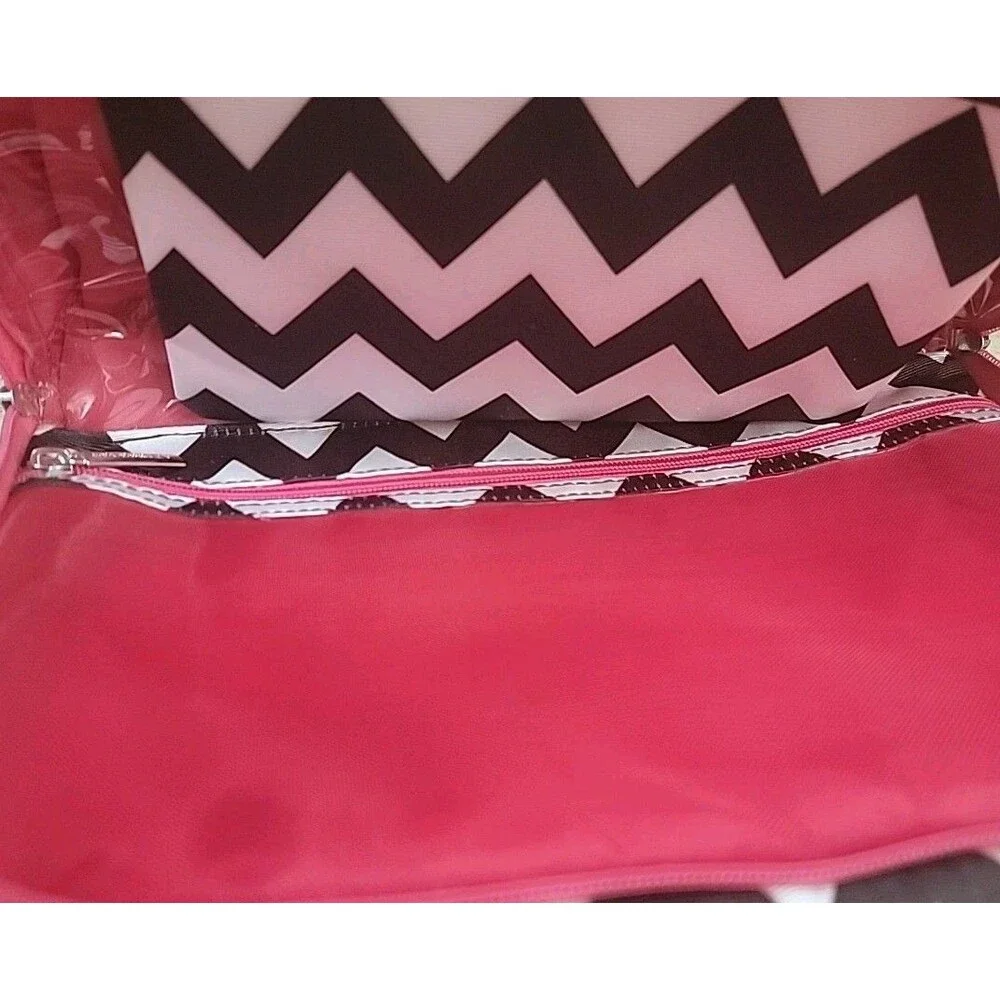NWT 4‑Piece Makeup Travel Bag Set Pink & Black Chevron Cosmetic Organizer